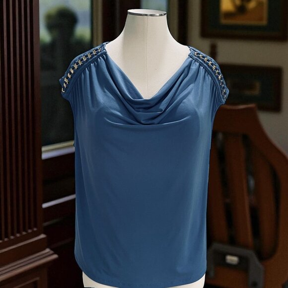 INC Blue Cowl Neck Cap Sleeve Top Plus SZ 3X Gold Chain Shoulder Embellished NWT - Picture 1 of 12